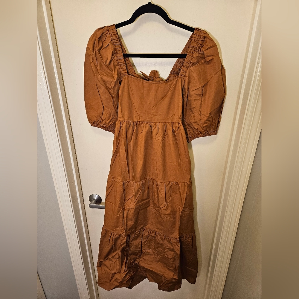 Minkpink cotton caramel Yasmin dress, puff sleeves NWT